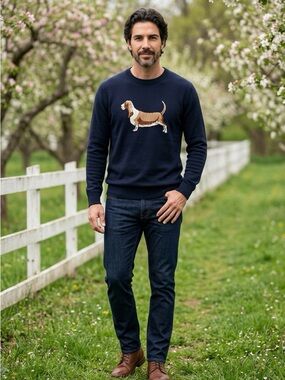 Club Room Men’ Large Whimsical Basset Hound Intarsia Motif Merino Wool Blend NWT